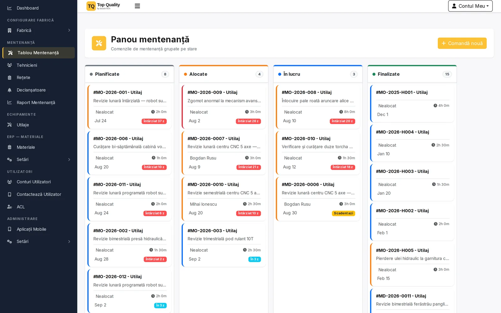 Panoul de comenzi, cu cardurile grupate pe patru coloane: Planificate 8, Alocate 4, În lucru 3, Finalizate 15. Fiecare card poartă numărul comenzii, denumirea lucrării, tehnicianul alocat, durata estimată și o etichetă de termen — „Întârziat 37 z”, „Scadent azi”, „În 3 z”.